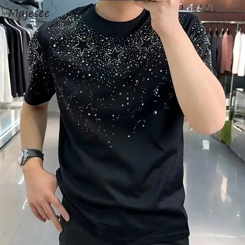 Nueva Camiseta Hombre Lujo Estrella Diamante Estrás Moda Negra Blanca Alta Calidad
