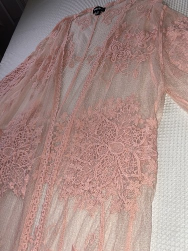 Racheal Pink Lace Mesh Embroidered Floral Kimono Duster Size S/M Boho Cardigan - Picture 3 of 8