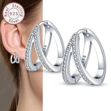 KUNSIR 925 Sterling Silver Accent Pave Double Hoop Earrings Women Jewelry Gift