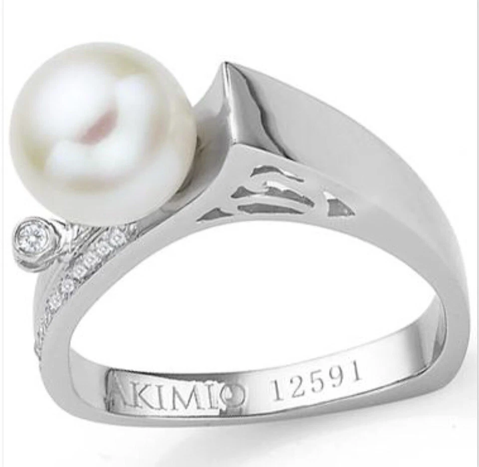 Anillo de diseñador para mujer con acabado de platino de diamantes y perlas talla 7 Foto 3 de 4