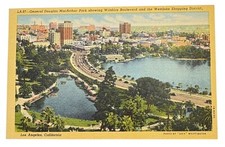 Linen Postcard Los Angeles CA General Douglas MacArthur Park Westlake Shopping