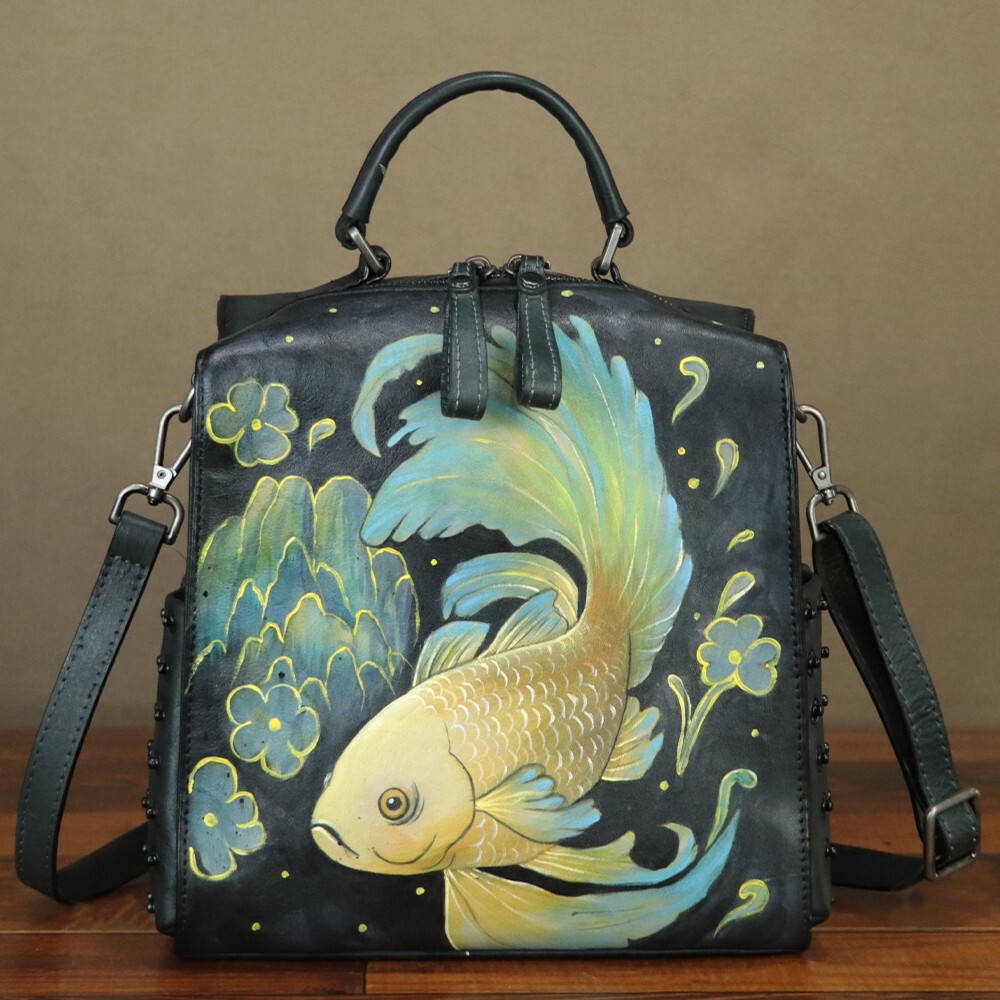Hand painted Genuine Leather Backpack Purse Women Crossbody Shoulder Bag Handbag