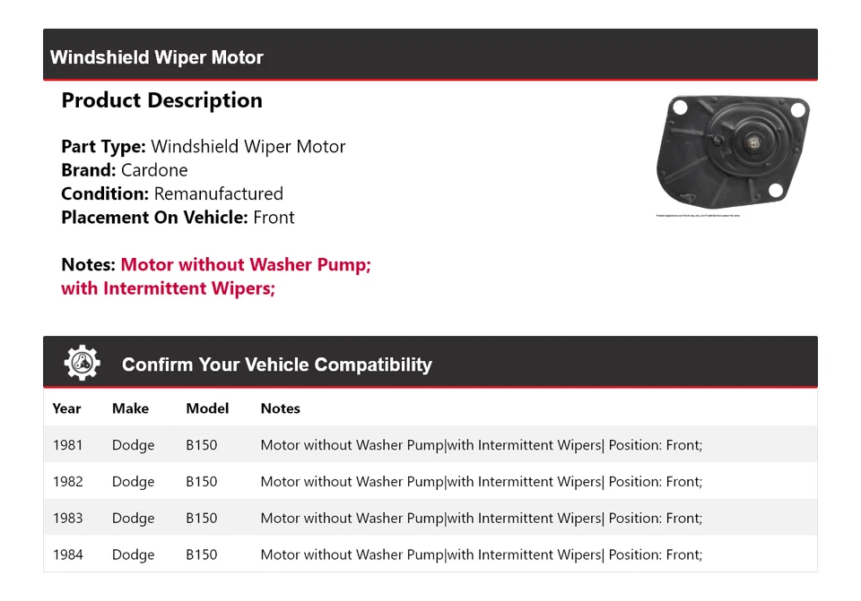For 1981-1984 Dodge B150 Windshield Wiper Motor Front Cardone 1982 1983 - Image 2 of 4