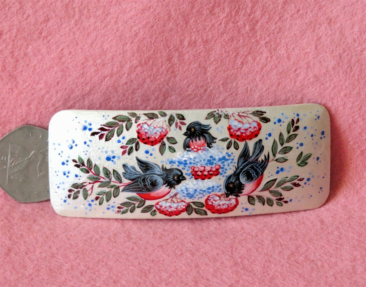 Hair Clip BULLFINCH Birds Russian HAND PAINTED White Lacquer  display picture 1