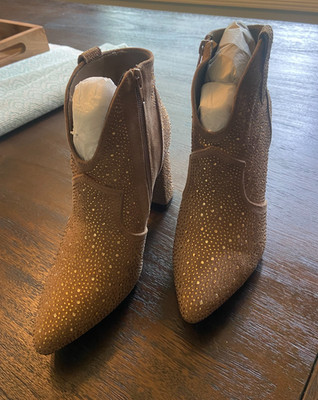 Pierre Dumas Gold Suede & Rhinestone Chunky Heel Ankle Boot - Sz 8M - NEW