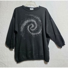 Sassy Sport Vintage 90s Black Silver Glitter Swirl Sweatshirt Large Made in USA