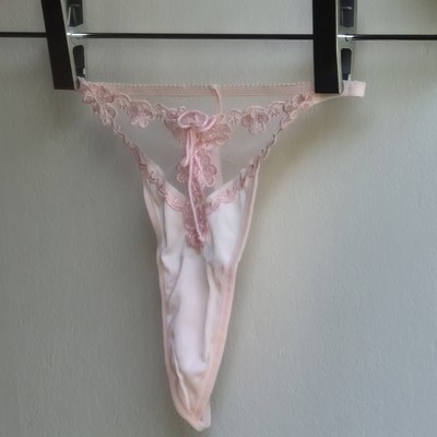 New 60s Pink Satin Mesh Lace Embroidered Tie Up V String Thong Panty