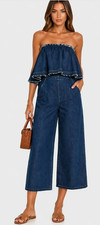 JOA Anthropologie Denim Tiered Strapless Wide Leg Jumpsuit Size M