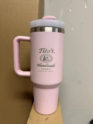 40 oz tumbler with Tito s Vodka Engraved Logo.  Pink