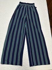 Forever 21 Woven Pants Womens S Green Navy Striped Wide Leg Elastic Waist Nwt