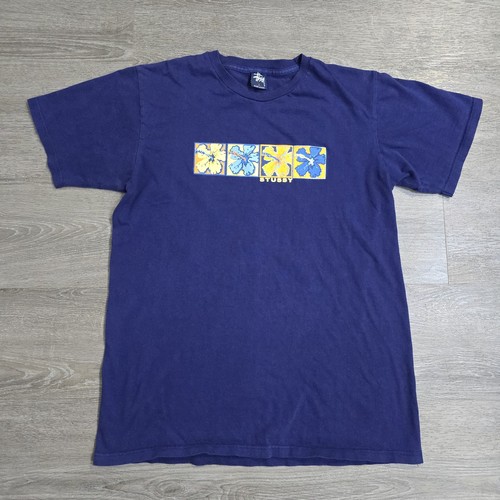 Vintage Stussy T-Shirt 90s Y2K USA Made Skate Surf Blue Hibiscus Pop Art Large