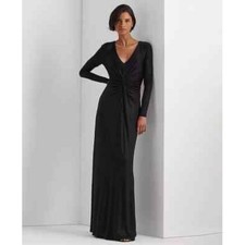 Lauren Ralph Lauren Nadia Black Metallic Twist Front Long Sleeve Gown Size 10