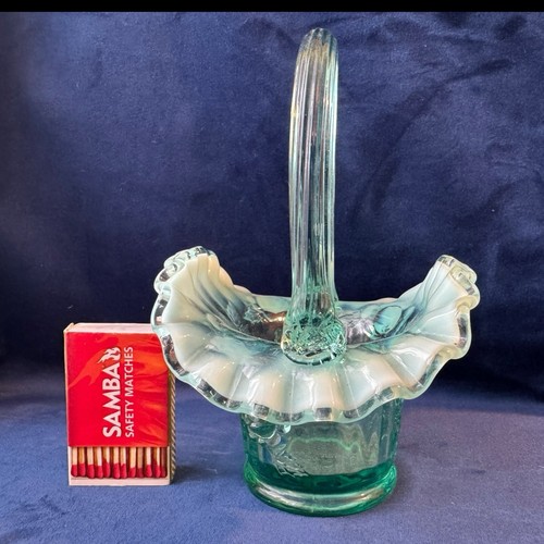 Vintage Fenton Turquoise Cabbage Rose Opalescent Glass Basket Manganese Glow VGC - Picture 3 of 13