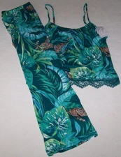 NWT In Bloom by Jonquil GREEN/BLUE Cropped Knit Pajama Set S LACE Trim CHEETAH
