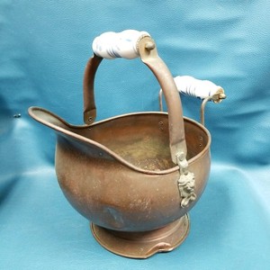 Vintage Copper Coal Scuttle Bucket Blue White Handles