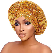 African Ladies Headscarf Auto Gele Headties Party Headdress Sequins Shiny Baotou