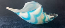Art Glass Conch Shell White with Turquoise Stripes, Murano Style