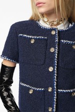 Chanel Navy Blue Tweed Short Sleeve Jacket FR 42 | Gold Buttons | Made in France