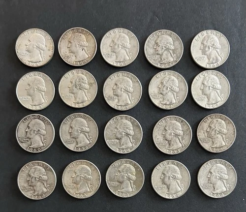 20 Silver Washington Quarters Mostly 1964 Nice Condition