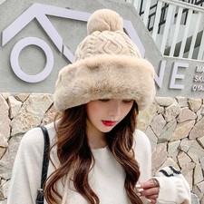Women Fleece Lined Winter Faux Fur Pom Pom Hat Knit Cap Ski Earflap Beanie Warm