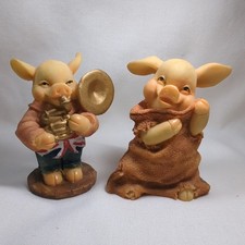 Pig Figurine Ornament X2 Vintage Small Ceramic Porcelain Animal Collection H6cm