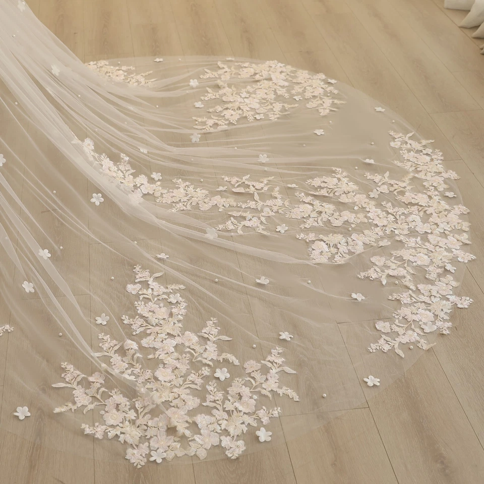 Velo floral rosa hada velo nupcial flor dispersa velo con colorete velo real Foto 4 de 4