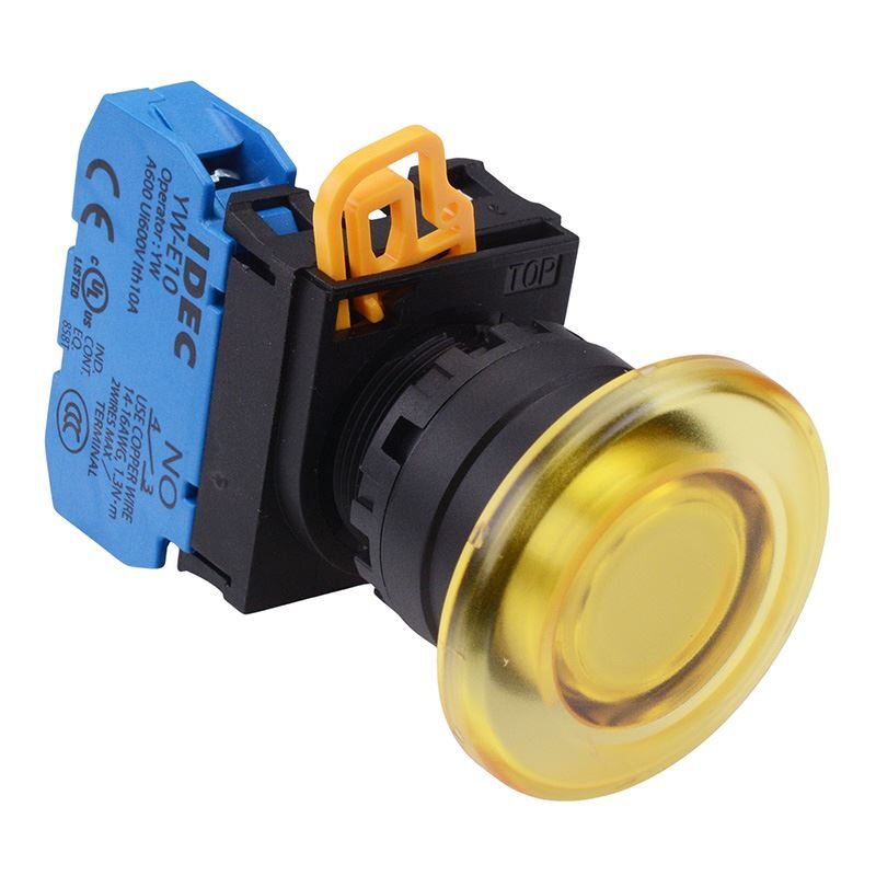 IDEC Yellow 22mm Mushroom Maintained Push Button Switch NO IP65 YW1L-A4E10Q0Y