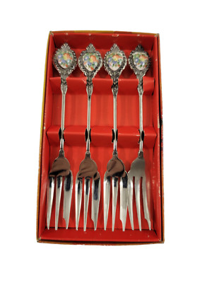 Vintage 4 Piece Pastry Fork Set 'Harvest' Ornate Silvertone Metal & Ceramic