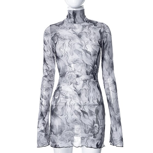 Tasche Hüft Kleid Damen Netz Print Rundhals ausgestellte Ärmel seitlich offen Sommer - Bild 19 von 24