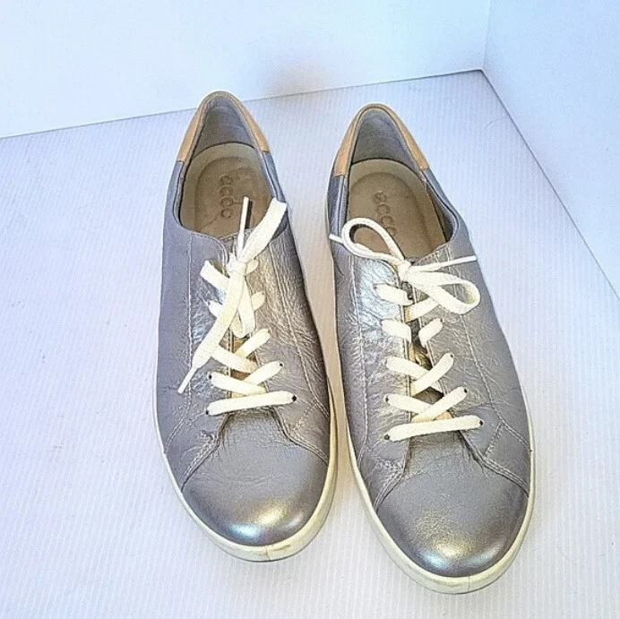 Ecco Leisure sport tie silver leather women sneaker sz 43 US 12