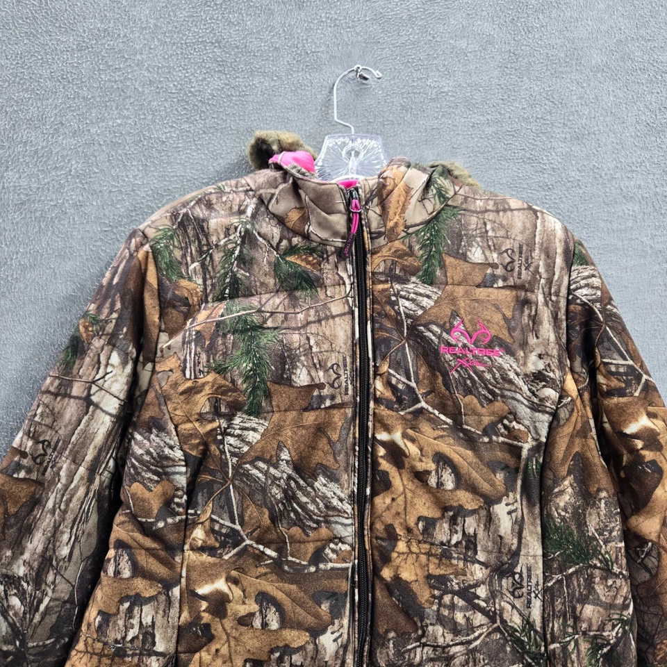 Jaqueta Realtree Feminina XL Marrom Camuflagem Capuz Zíper Completo Bolsos Pele Sintética - Imagem 3 de 4