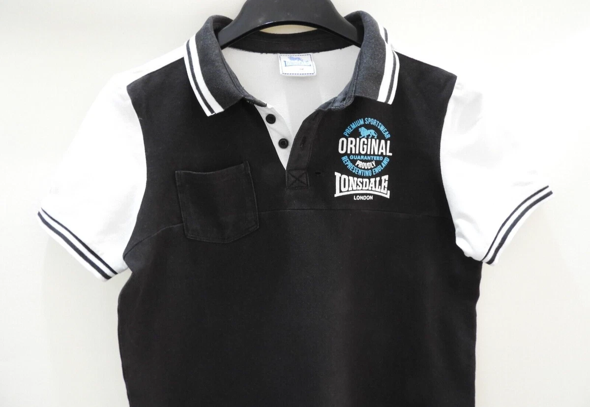 Lonsdale Boys Youth Unisex Size 14 Black White Short Sleeve Collar Shirt Polo