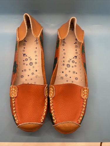 Socofy Orange Brown Floral Leather Casual Slip On Loafers Women's EU 37 US 6 - Picture 4 of 8