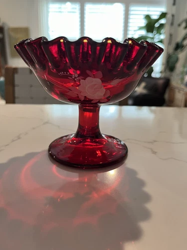 Fenton Ruby Red hand painted compote 4"" signed