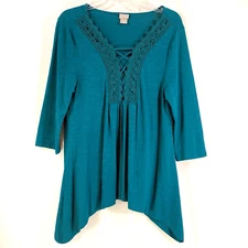 Chicos Size 1P Top Green Lace-up Neckline Trapeze Hemline 3/4 Sleeve Womens M
