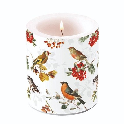 Motiv-Kerze ''Autumn Birds'' Vogel Herbst Vögel Stumpe Blätter Beeren Lampionkerze