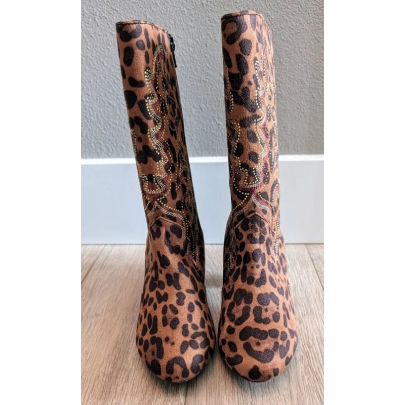 Brand New Joan Boyce Animal Print Mid-Calf Rhinestone Mirrored Heel Boots 7.5 - Image 4 of 4