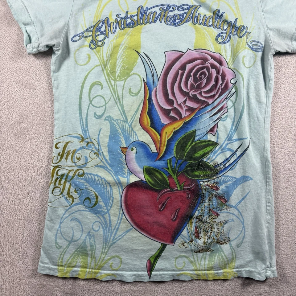 Christian Audigier by Ed Hardy Women’s M Blue Tattoo All Over Print T-Shirt #795 - Image 3 of 4