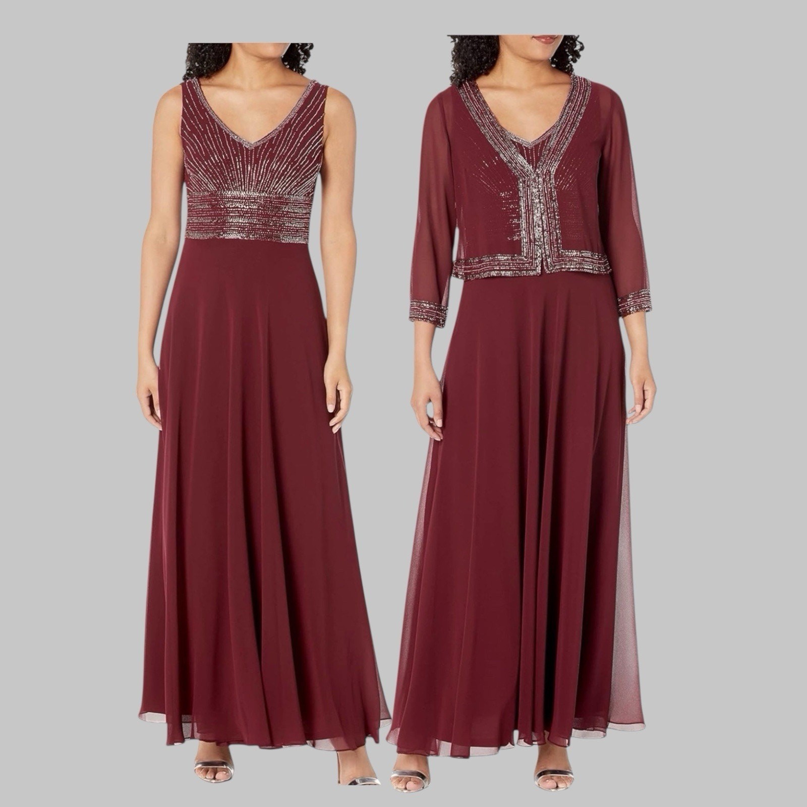JKara Two Piece Beaded Bolero Jacket Maxi Dress Size 6P Cranberry Holiday