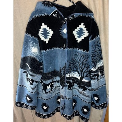 Vintage Fleece Hoodie Jacket Western Horse Scene Blue XL