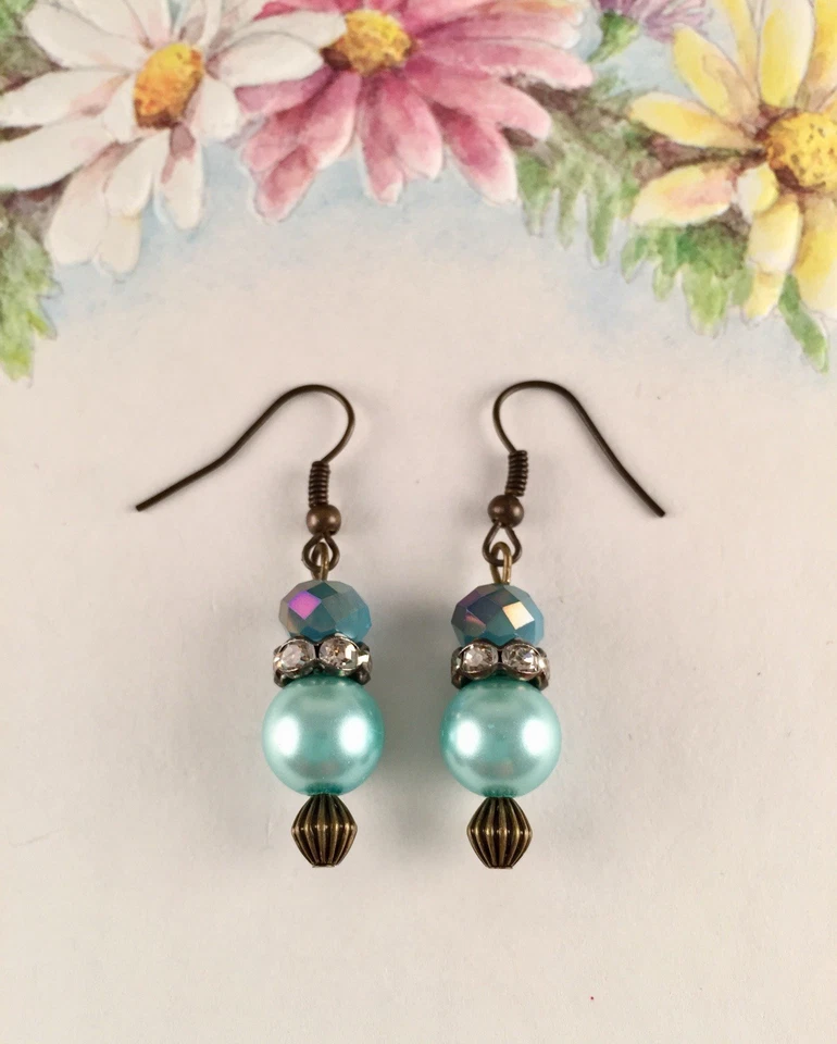 Pendientes colgantes Dr de diamantes de imitación de cristal de perlas azules para mujer hechos a mano joyería artesanal Foto 3 de 3