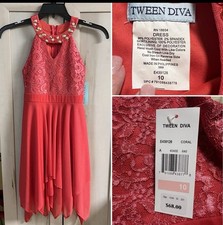 NWT-Girls Sz 10-Coral-Jeweled-Flowy-Layered Chiffon-High-Low-Tween Diva Dress