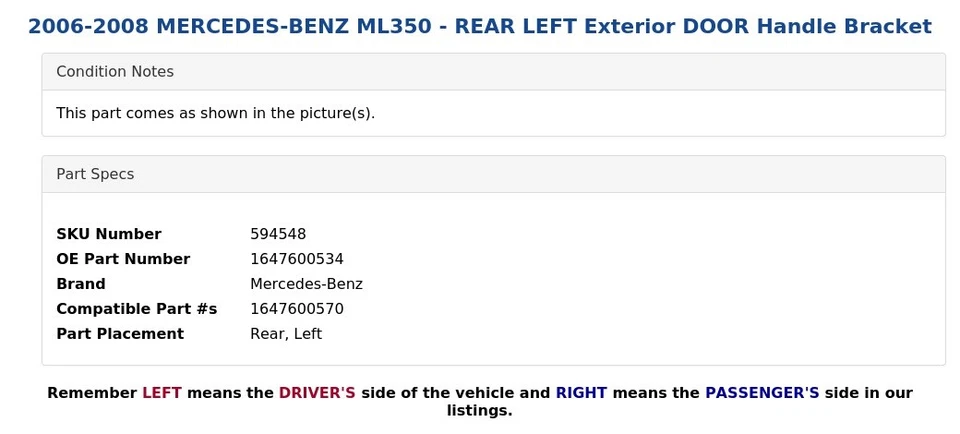 2006-2008 MERCEDES-BENZ ML350 - Suporte de alça externo traseiro esquerdo - Imagem 3 de 4