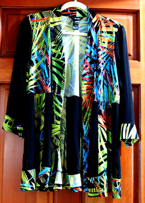 Ali Miles M Artsy Black Multicolr Knit Open Draped Jacket Top Sheer Accent 10 12
