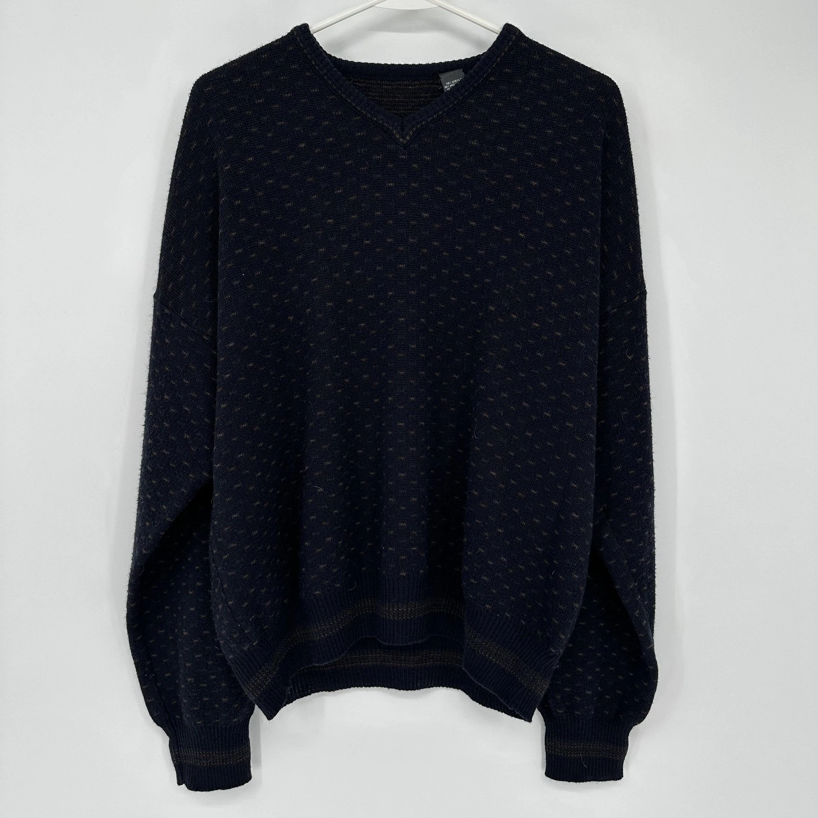 Sweater Mens Medium Blue V Neck Geometric Wool Knit Pullover Made In Italy