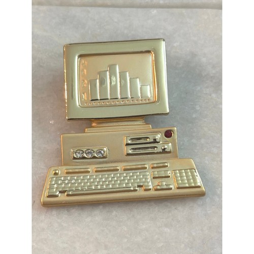 Vintage AJC Gold Tone Computer & Monitor Pin Brooch with Rhinestones 1980's