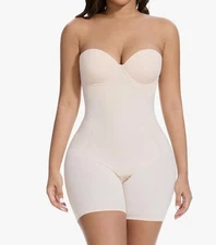 Strapless Shapewear Tummy Control Bodysuit W/ Built In Bra Beige- Medium 36B/34C