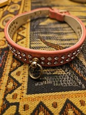 SIZE 16 Pink LEATHER Rhinestone Dog Collar 2 rows of CrystalS BLING Made in USA