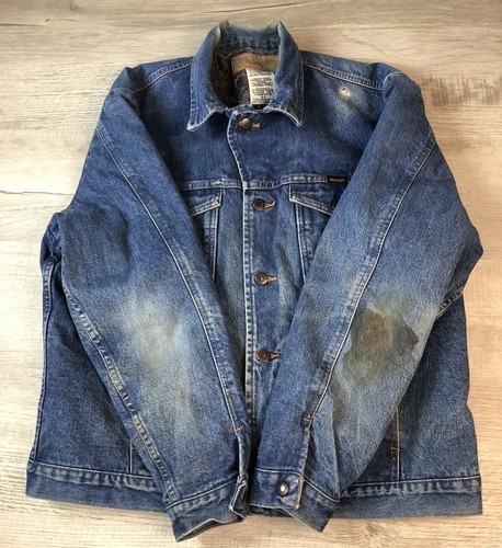 Wrangler Authentic Western Jacket Lined Blue Jean Distressed Stained Mens 44 - Picture 2 of 22