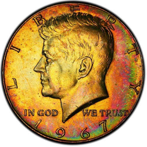 MS65 1967 50C Kennedy Silver Half Dollar, PCGS Trueview- Vivid Rainbow Toned